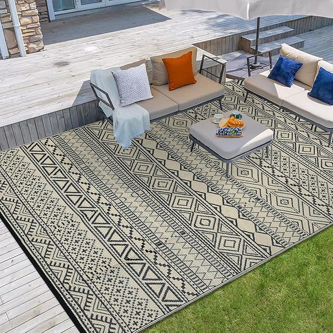 GAOMON Outdoor Rug 9'x12' Waterproof Rug for Patio Decor, Foldable Reversible Plastic Straw Area Rugs Mat for Camper, Outside Carpet for Deck, Porch, Picnic, Beach, Black/Coffee(Bohemia)