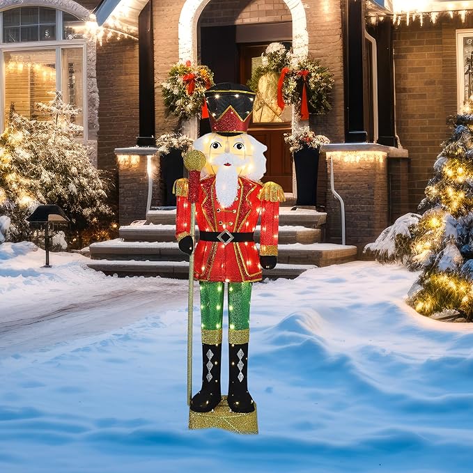 5.9FT Lighted Nutcracker with Mace for Christmas Decoration, 3D Pre-Lit Iridescent Soldier Xmas Decor with 100 Warm White Lights, Glittered Standing Holiday Display for Outdoor, Indoor