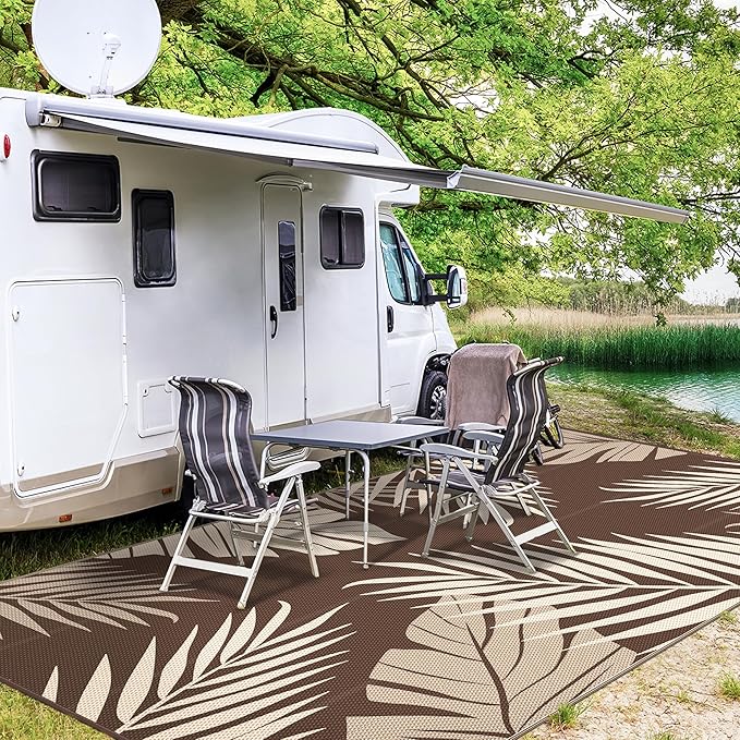 GENIMO Outdoor Rug 10' x 14' Waterproof for Patios Clearance, Reversible Outdoor Plastic Straw Camping Rug Carpet, Large Area Rugs Mats for RV, Camper, Deck, Balcony, Porch, Beach, Coffee&Beige