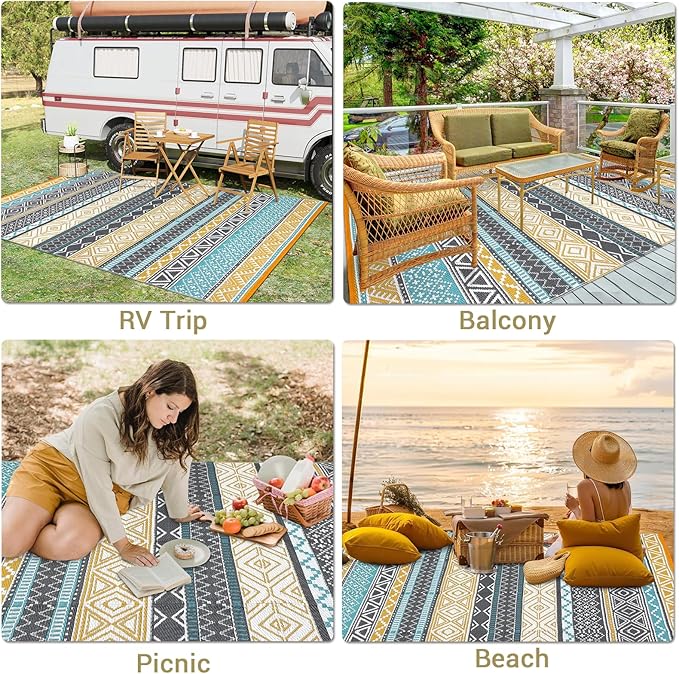 GAOMON Reversible Outdoor Rug 9'x18' Waterproof Plastic Straw Rug, Patio Rug, Large Modern Area Rug Carpet, Indoor Outdoor Rugs for Camping, Porch, Deck, Balcony, Backyard, Teal/Yellow(Bohemia)