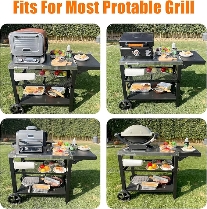 Grill Cart, Outdoor Grill Table, Pizza Oven Stand, Three-Shelf BBQ Table, Movable Dining Cart with Drawer, Fits for Ninja Woodfire Grill, Blackstone Griddle,Tabletop Grill