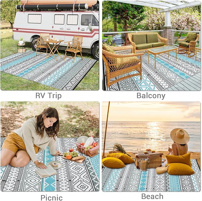 GAOMON Outdoor Plastic Straw Rug, 10'x20' Reversible Sage Green Patio Mat, Flower Modern Design for RV, Backyard, Deck, Camping, Picnic, Blue/Grey(Bohemia)