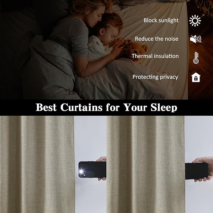 102 Inch Long Blackout Linen Blend Curtains 2 Panels,70 Wide Back Tab Pinch Pleated Look Window Drapes with Hooks,Track System Curtain Panels for Sliding Door Modern Farmhouse 70x102 Light Taupe