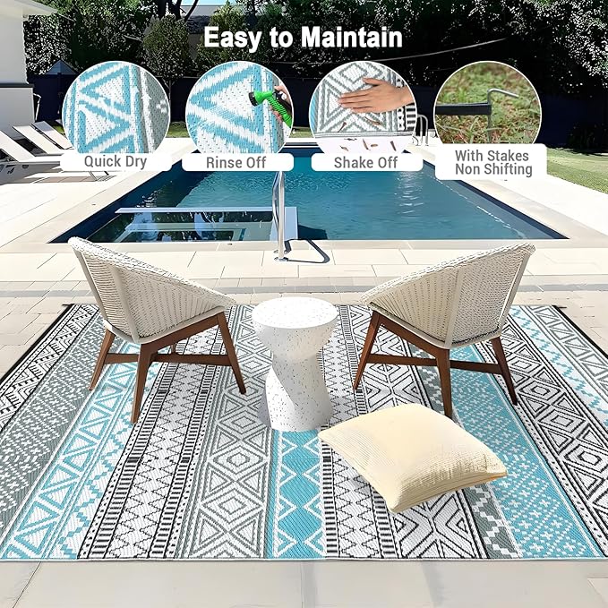 GAOMON Outdoor Rug 9'x12' Waterproof Rug for Patio Decor, Foldable Reversible Plastic Straw Area Rugs Mat for Camper, Outside Carpet for Deck, Porch, Picnic, Beach, Blue/Grey(Bohemia)