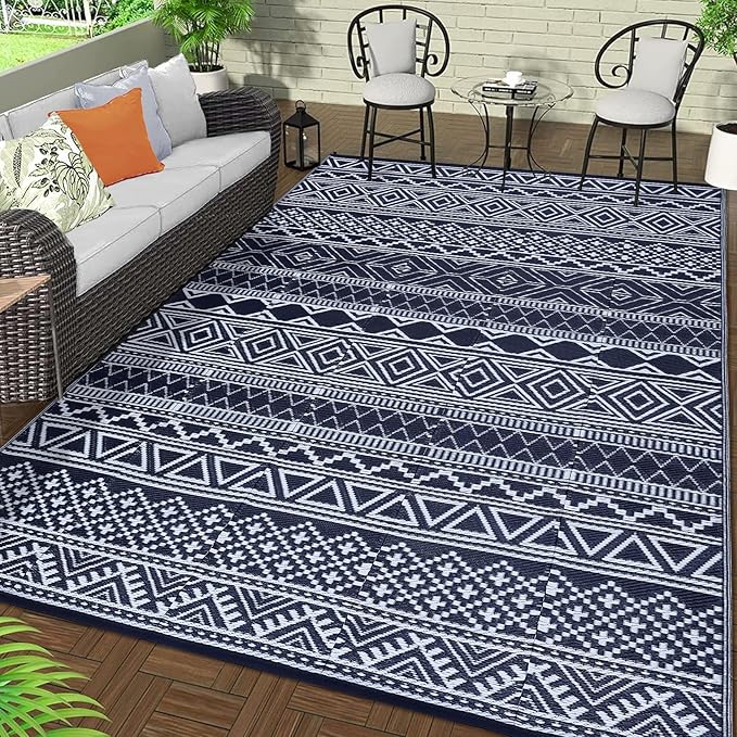 GAOMON Outdoor Rug 9'x12' Waterproof Rug for Patio Decor, Foldable Reversible Plastic Straw Area Rugs Mat for Camper, Outside Carpet for Deck, Porch, Picnic, Beach, Dark Blue/White(Bohemia)