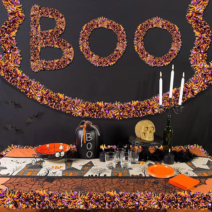 50FT Halloween Decorations Tinsel Garland, Orange Purple Black Shiny Metallic Tinsel Twist Hanging Streamers Garland for Halloween Birthday Home Tree Banister Indoor Outdoor Party Decor Supplies