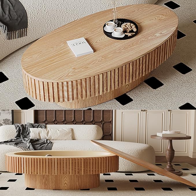 47.2''Oval Coffee Table with Storage, Mid Century Modern Drum Center Tables with Lid Fluted Solid Wood Side Coffee Table Pedestal Tea Table for Living Room, Bedroom, Apartmen-Natural
