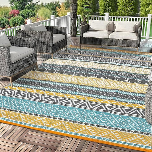 GAOMON Outdoor Rug 9'x12' Waterproof Rug for Patio Decor, Foldable Reversible Plastic Straw Area Rugs Mat for Camper, Outside Carpet for Deck, Porch, Picnic, Beach, Teal/Yellow(Bohemia)