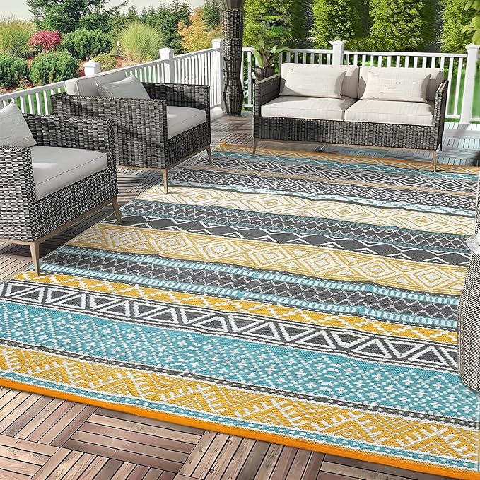 GAOMON Outdoor Plastic Straw Rug, 10'x20' Reversible Sage Green Patio Mat, Flower Modern Design for RV, Backyard, Deck, Camping, Picnic, Teal/Yellow(Bohemia)