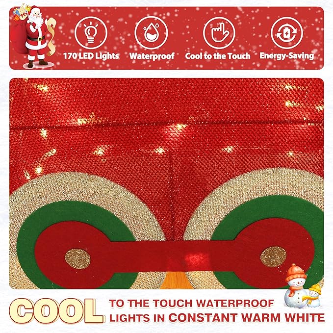 5FT Light-Up Christmas Train Decor with 170 LED Lights, 3D Pre-Lit Train Set with Gift Box and Christmas Tree for Xmas Decoration, Freestanding Glittered Holiday Display for Outdoor, Indoor