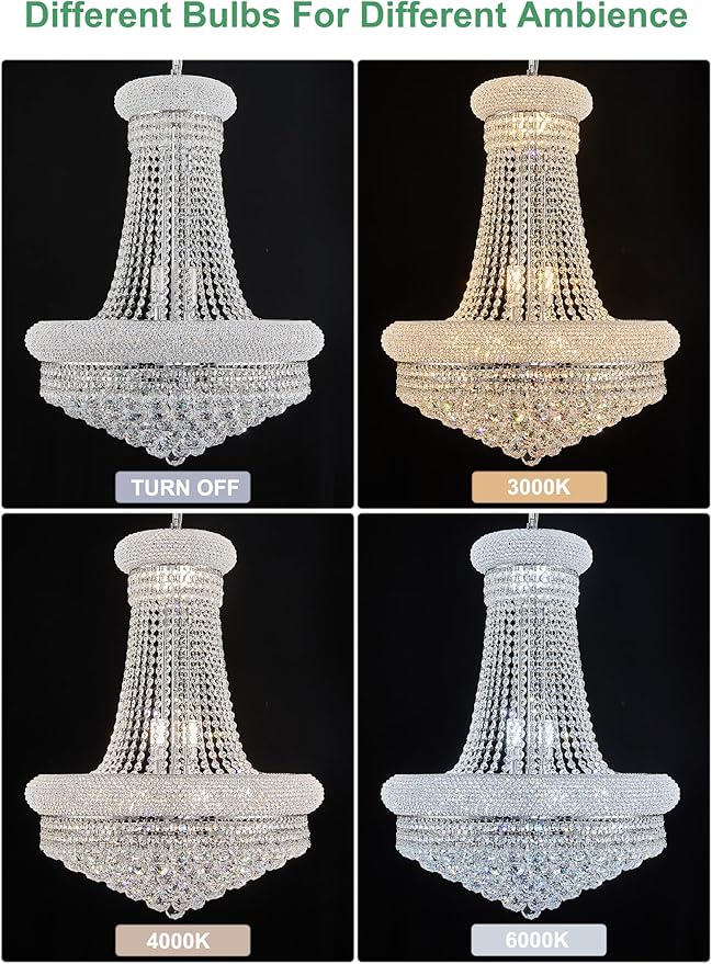 14 - Light Unique Empire Crystal Chandelier with Adjustable Chain for High Ceiling Foyer Entryway Living Room Dining Room Bedroom Chrome Finish