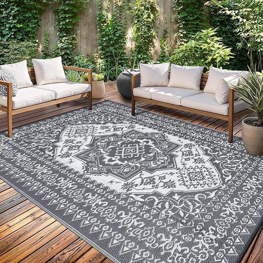 GAOMON Outdoor Patio Rug 9x12 Waterproof Reversible Plastic Straw Rug, Large UV-Resistant Portable RV Camping Mats, Indoor Outdoor Rugs for Outside Deck Porch Garden RV, Gray & White