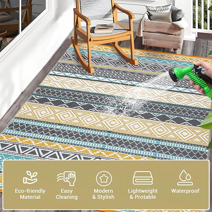 GAOMON Outdoor Rug for Patio 5'x8' Reversible Plastic Rugs Camping Mat for Outdoor, RV, Backyard, Deck, Balcony, Picnic, Beach, Teal/Yellow(Bohemia)