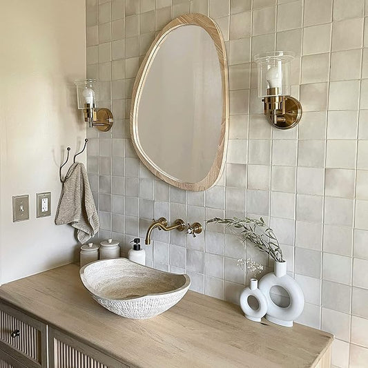 Irregular Wood Frame Boho Mirror - Large Wall Mounted Accent, Asymmetrical, Modern Aesthetic Wall Decor for Bedroom, Entryway, Living Room, Bathroom (Natural)