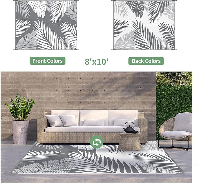 GENIMO Outdoor Rug 8' x 10' Waterproof for Patios Clearance, Reversible Plastic Straw Camping Rug Carpet, Large Area Rugs Mats for RV, Picnic, Backyard, Deck, Balcony, Porch, Beach, Grey&White