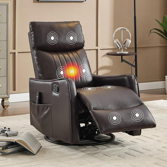 Manual Swivel Rocker Recliner Chair for Adults, Overstuffed Reclining Glider Chair for Nursing with Vibration Massage & Heat, Living Room Rocking Recliner 2-Stage backrest, Faux Leather Brown