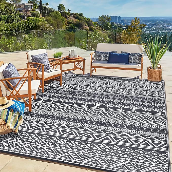 GAOMON Reversible Outdoor Rug 9'x18' Waterproof Plastic Straw Rug, Patio Rug, Large Modern Area Rug Carpet, Indoor Outdoor Rugs for Camping, Porch, Deck, Balcony, Backyard, Grey/White(Bohemia)