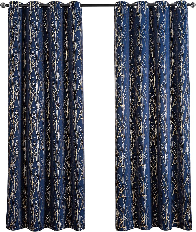 Grommets Blackout Long Window Curtains Navy Blue Gold-52W*95L 2PCS Drapes for Bedroom