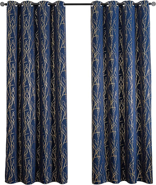 Grommets Blackout Long Window Curtains Navy Blue Gold-52W*84L 2PCS Drapes for Bedroom