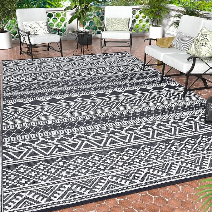 GAOMON Outdoor Rug 9'x12' Waterproof Rug for Patio Decor, Foldable Reversible Plastic Straw Area Rugs Mat for Camper, Outside Carpet for Deck, Porch, Picnic, Beach, Grey/White(Bohemia)