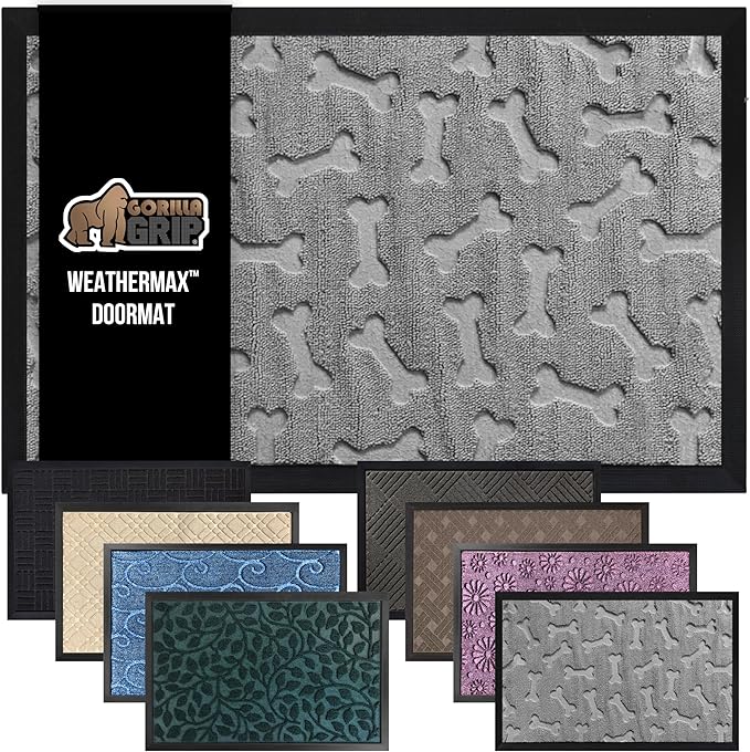 GORILLA GRIP 100% Waterproof All-Season WeatherMax Doormat, 47x35, US Designed Natural Rubber, Stain and Fade Resistant, Low Profile Indoor Outdoor Door Mats, Easy Clean Patio Mat, Light Gray Bones
