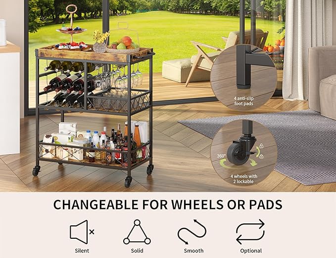 Gizoon Bar Cart, 3 Tier Coffee Cart with Lockable Wheels, 12-Bottle Wine Rack, and Hanging Glass Holder, Kitchen Rack with Removable Tray, for Kitchen, Dining Room, Entertaining, Club Party,Retro