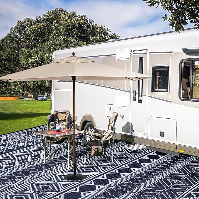 GAOMON Reversible Outdoor Rug 9'x18' Waterproof Plastic Straw Rug, Patio Rug, Large Modern Area Rug Carpet, Indoor Outdoor Rugs for Camping, Porch, Deck, Balcony, Backyard, Dark Blue/White(Bohemia)