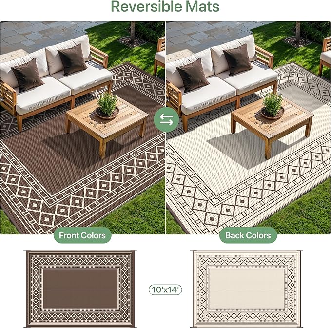 GENIMO Outdoor Rug Waterproof for Patio, 10'x14' Foldable Reversible Plastic Straw Carpet for Travel Trailers, Outside Area Mat for Rv, Deck, Picnic, Porch, Camper, Balcony, Beach, Coffee & Beige