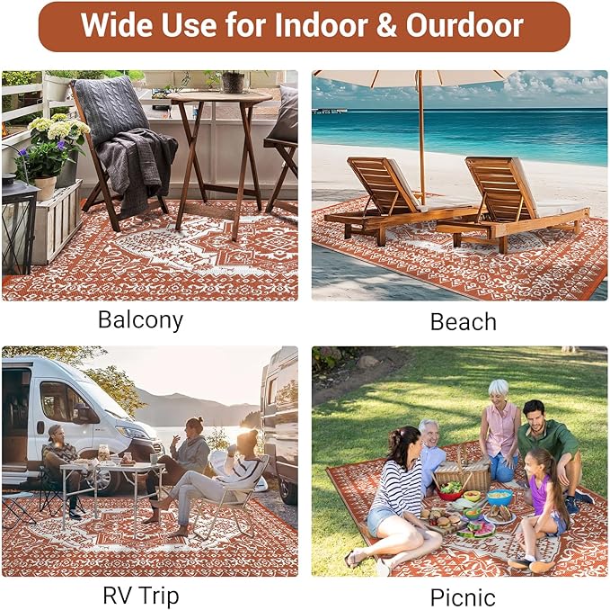 GAOMON Outdoor Plastic Straw Rug 9x12 Waterproof Reversible Patio Rug, Large UV-Resistant Portable RV Camping Mats, Indoor Outdoor Rugs for Outside Deck Front Porch Garden RV, Red & White