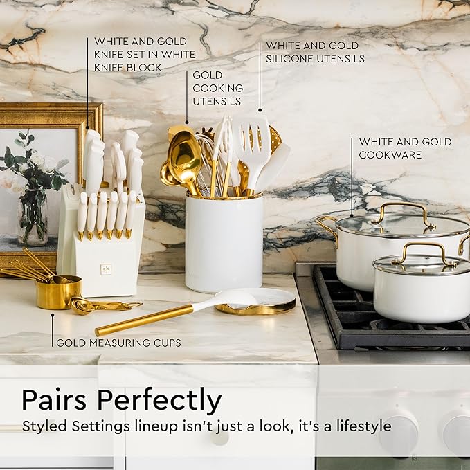 Gold Kitchen Utensils Set - 19-Piece Set Includes Stainless Steel Gold Utensils, White Silicone Tools, and Measuring Cups and Spoons - Luxury Kitchen Accessories for Modern Cooking, Serving, & Gifting