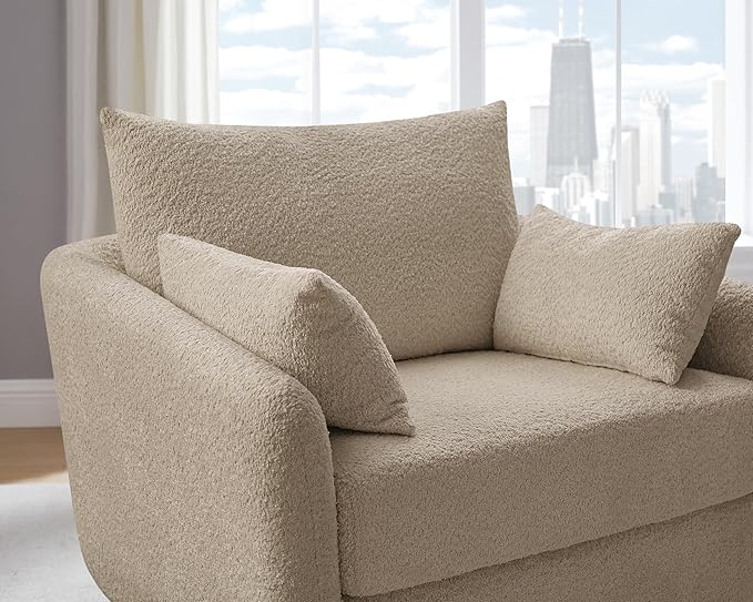360° Swivel Accent Armchair, 39.3" Oversized, Sherpa Boucle Fabric Sofa Chair with Removable Back & Arm Pillows, Swivel Chair with Cozy Soft Padded, No Assembly Required (1, Camel)