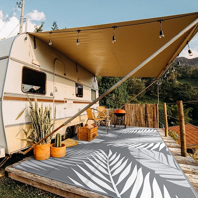 GENIMO Outdoor Rug 10' x 20' Waterproof for Patios Clearance, Reversible Outdoor Plastic Straw Camping Rug Carpet, Large Area Rugs Mats for RV, Camper, Deck, Balcony, Porch, Beach, Picnic, Grey&White