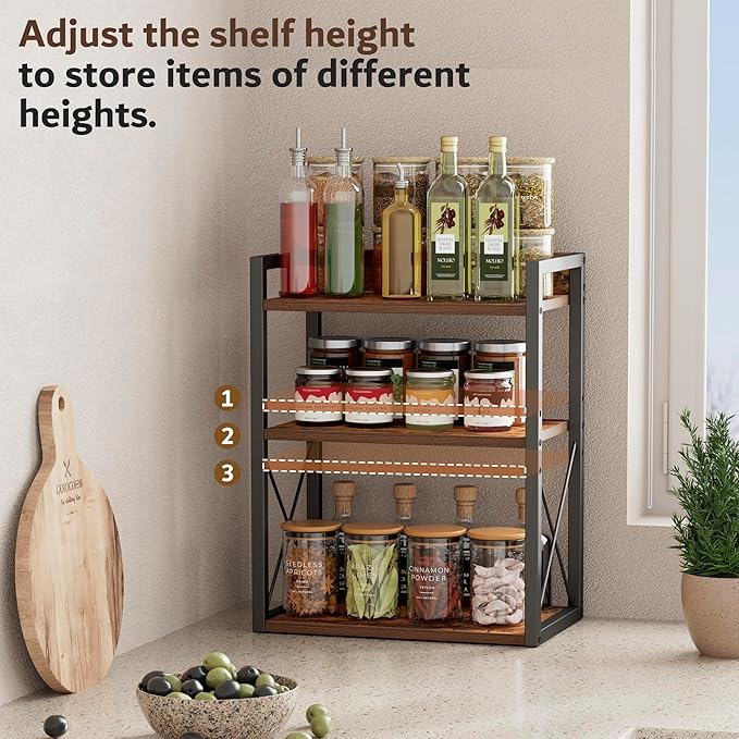 3-Tier Kitchen Spice Rack Organizer for Countertop, Coffee Counter Shelf, Mug Shelf, Bathroom Counter Organizer, Makeup Organizer, Rustic Brown and Black