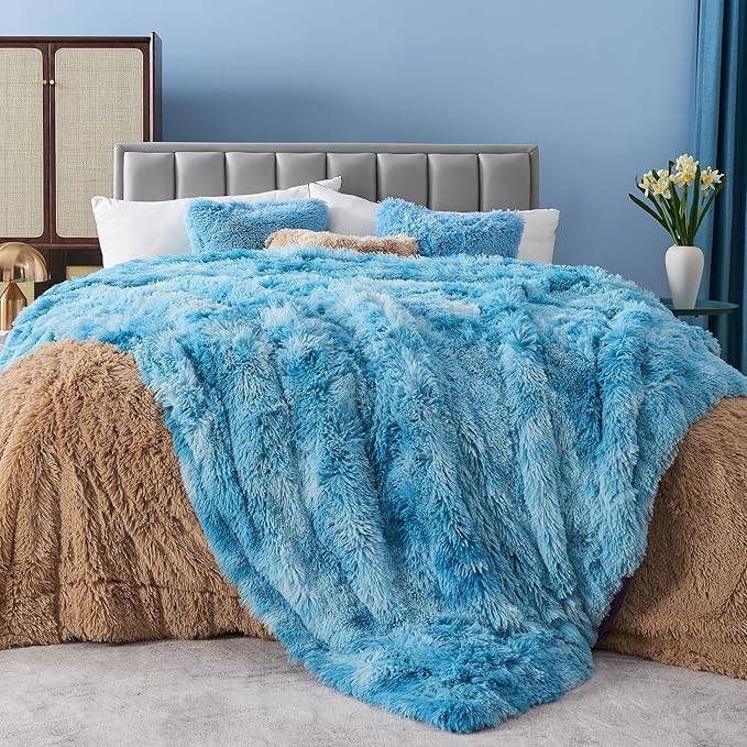GONAAP Fuzzy Faux Fur Throw Blanket Twin Size Tie-dye Ocean Blue Super Soft Cozy Plush Fuzzy Shaggy Blanket for Couch Sofa Bed (Tie-dye Ocean Blue, Twin(60"x80"))