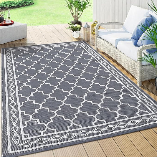 GAOMON Outdoor Rugs Patio Camping Waterproof Rug 6'x9' Plastic Straw Patio Rug Portable for Campers, Outside RVs Mat for Patios Clearance, Backyard Porch, Balcony, Grey/White(Geometric)