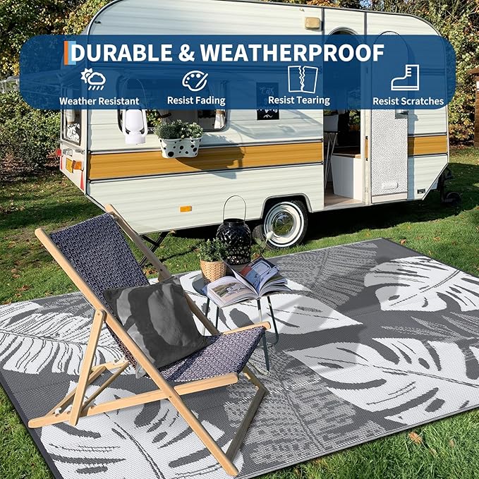 GAOMON Outdoor Rug Waterproof 9x12 Outdoor Plastic Straw Rug for Patio, Reversible Modern Camping Mat with Bag & Stakes, UV Resistant & Easy to Clean Carpet for RV, Deck, Balcony, Grey