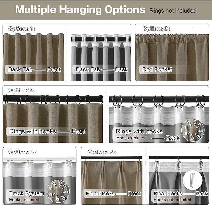 70 Inch Wide Blackout Curtains 2 Panels Set,Back Tab Pleated Curtains Hidden Tab with Hooks,Energy Efficinet Linen Blend Drapes for Dining Room Living Room Hoom Office 70x84 Length Linen Brown