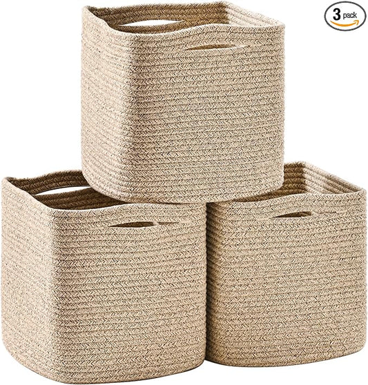 11 Inch Cube Storage Bins, Storage Cube Organizer Bins, Woven Cotton Rope Baskets for Storage, Storage Basket for Organizing Shelves, Square Baskets for Toys Nursery, Brown (Pack of 3)