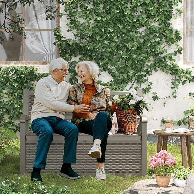 70 Gallon Storage Bench Deck Box for Patio Furniture with Armrest Bench Outdoor Storage