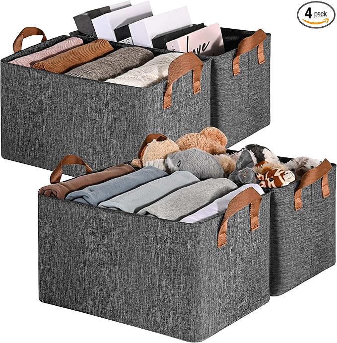 GRANNY SAYS Closet Storage Baskets, Collapsible Fabric Storage Bins with Metal Frame, Clothes Organizer Bins, Large Baskets for Shelves, Dark Gray, 4-Pack