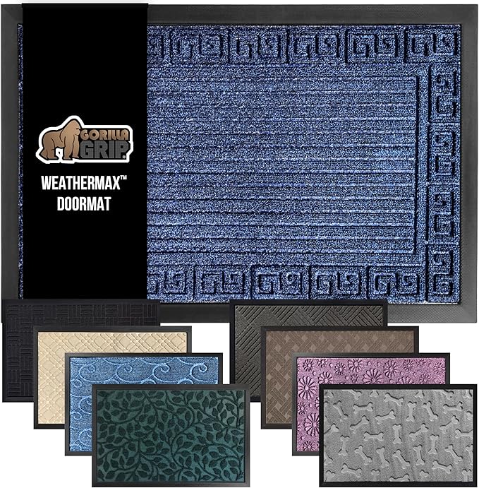 GORILLA GRIP 100% Waterproof All-Season WeatherMax Doormat, 72x24, US Designed Natural Rubber, Stain and Fade Resistant, Low Profile Indoor Outdoor Door Mats, Easy Clean Patio Mat, Navy Greek Keys